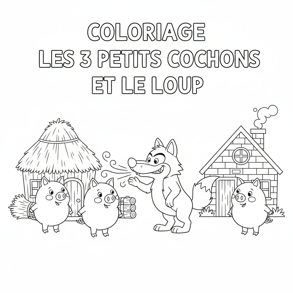 Coloriage 3 Petit Cochon Et Le Loup Gratuit à Imprimer