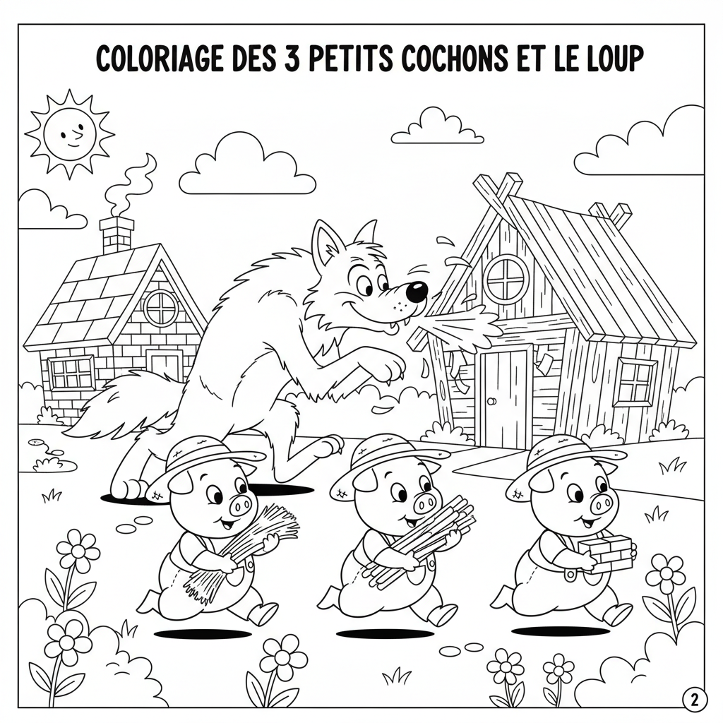 Coloriage coloriage 3 petit cochon et le loup 2