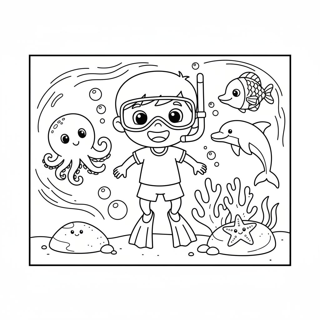 Coloriage À Imprimer Garcon sur les Animaux de la Mer