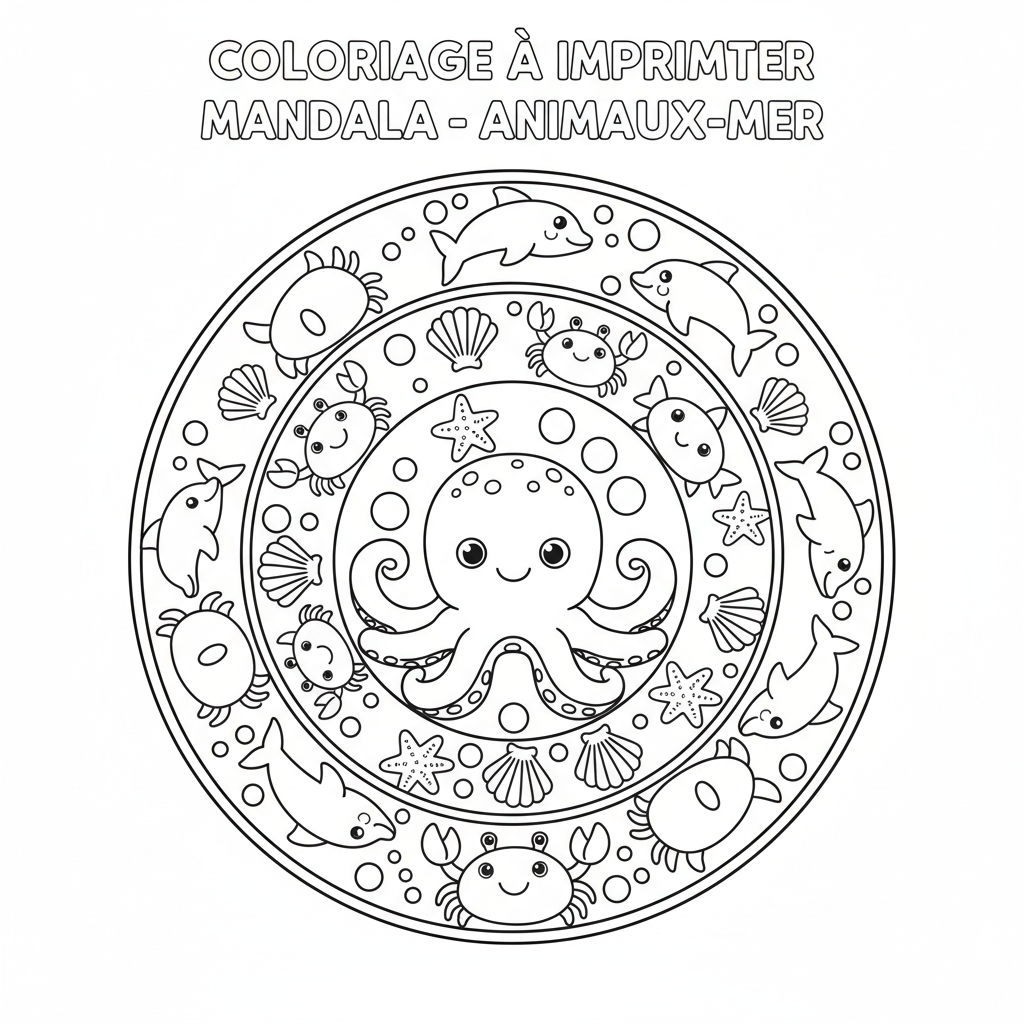 Coloriage À Imprimer Mandala et Animaux de la Mer