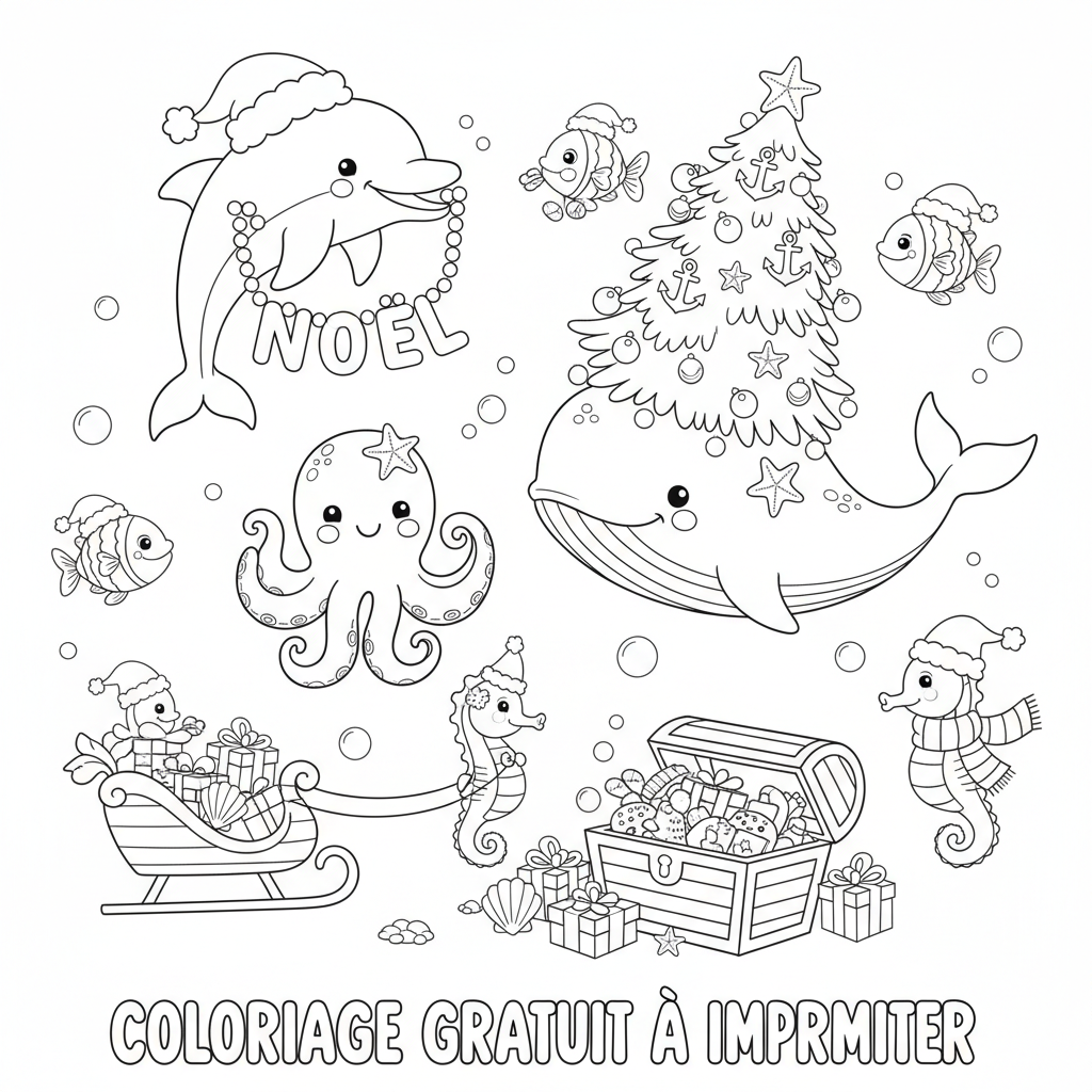 Coloriage Gratuit A Imprimer Noel et Animaux de la Mer