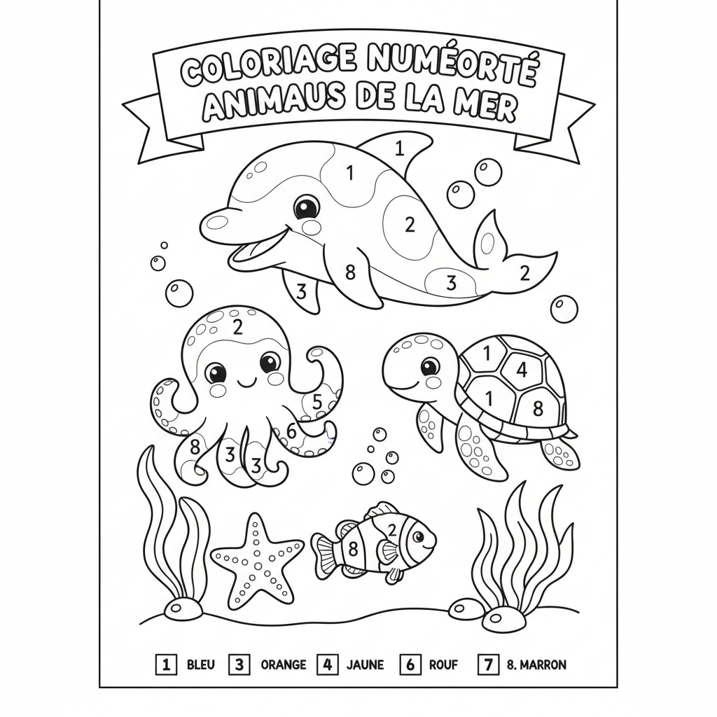 Coloriage Numéroté À Imprimer Adulte Animaux Marins