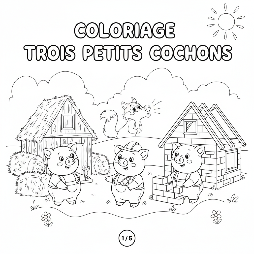 Coloriage Trois Petits Cochons Gratuit à Imprimer
